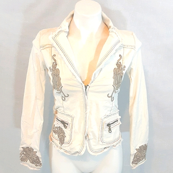 West 36th Western Frayed Edges Zipped Up Embroidered Denim Jacket Small - Picture 2 of 8